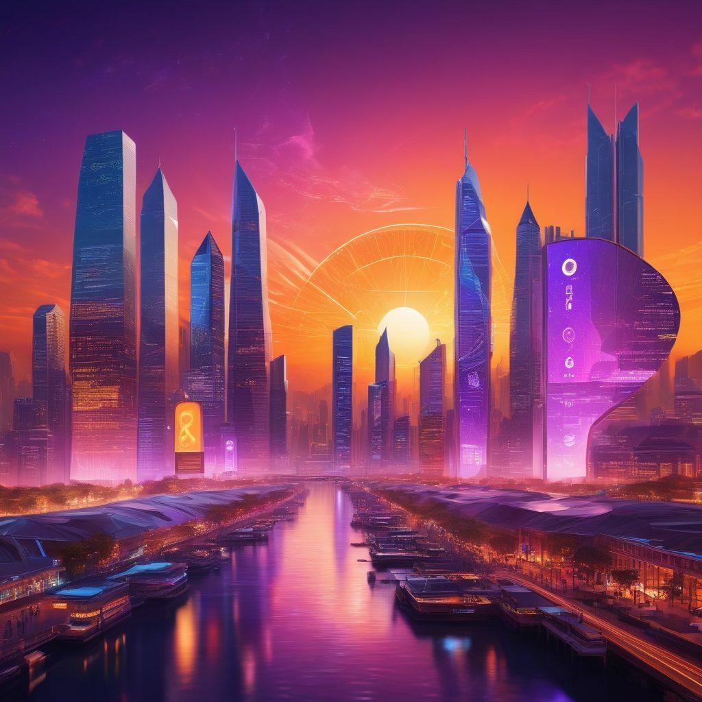 A futuristic landscape depicting a bustling city skyline with glowing digital advertisements featuring TrajanCoins. A diverse group of traders, equipped with high-tech gadgets, is engaged in trading on floating screens. In the background, a vibrant sunset casts orange and purple hues over the scene, symbolizing opportunity and innovation in the crypto world. Include a stylized map with crypto symbols and trading charts in the foreground. futuristic, vibrant colors, digital art.