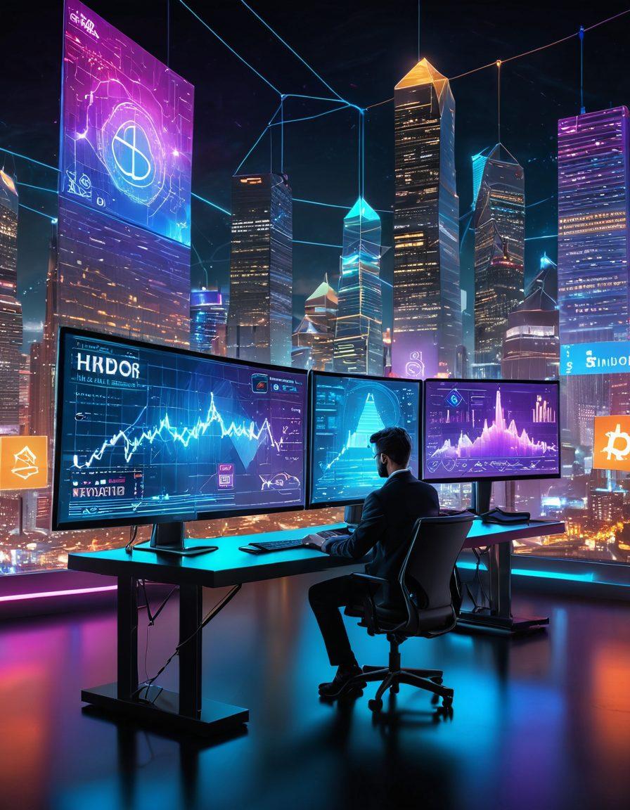 A dynamic scene depicting a futuristic trader analyzing digital asset charts on holographic screens, surrounded by symbols of blockchain technology like chains and blocks glowing with vibrant colors. In the background, a cityscape represents the digital economy, with neon lights reflecting innovation. Include elements of cryptocurrency coins scattered around, symbolizing wealth and profit. cyberpunk style. vibrant colors. 3D.