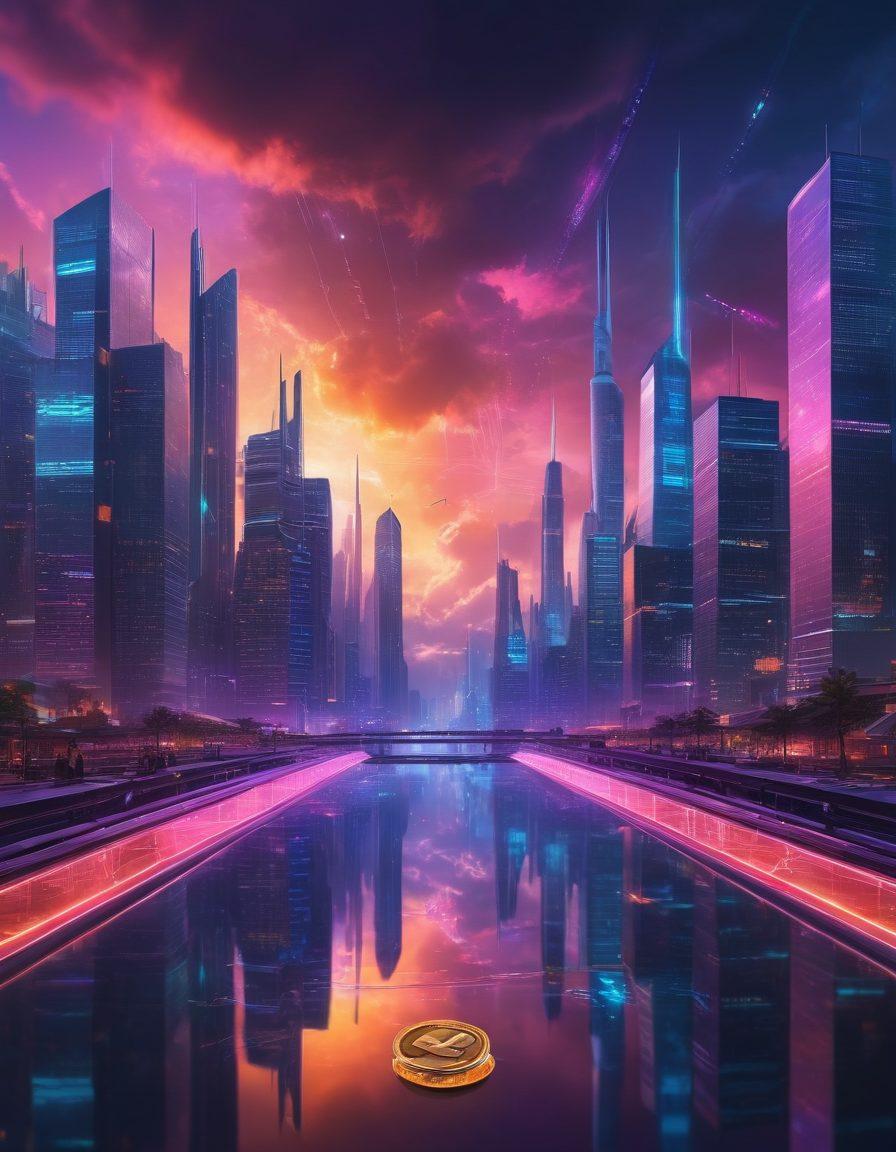 A mesmerizing digital landscape showcasing a futuristic city skyline intertwined with a series of fluctuating cryptocurrency graphs and coins, embodying the volatility of the market. Include elements like floating holographic signals and traders analyzing data on translucent screens, set against a dramatic sky. The scene should capture the energy and complexity of the crypto world, inviting the viewer to explore. vibrant colors. cyberpunk. 3D.